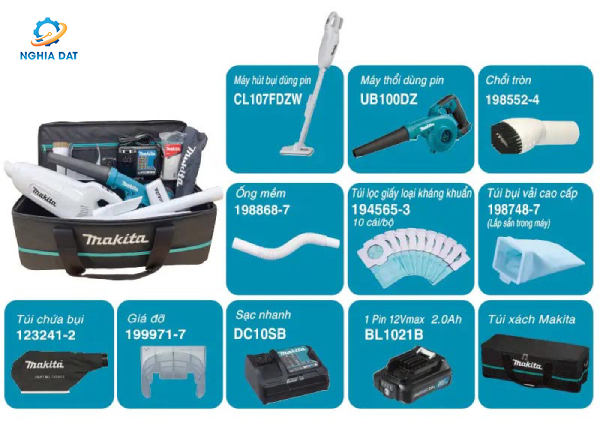 Bộ sản phẩm (cl107fdzw+ub100dz+bl1021b*1+dc10sb+túi đựng)(12v max) MA-CLX246SAX2 Makita